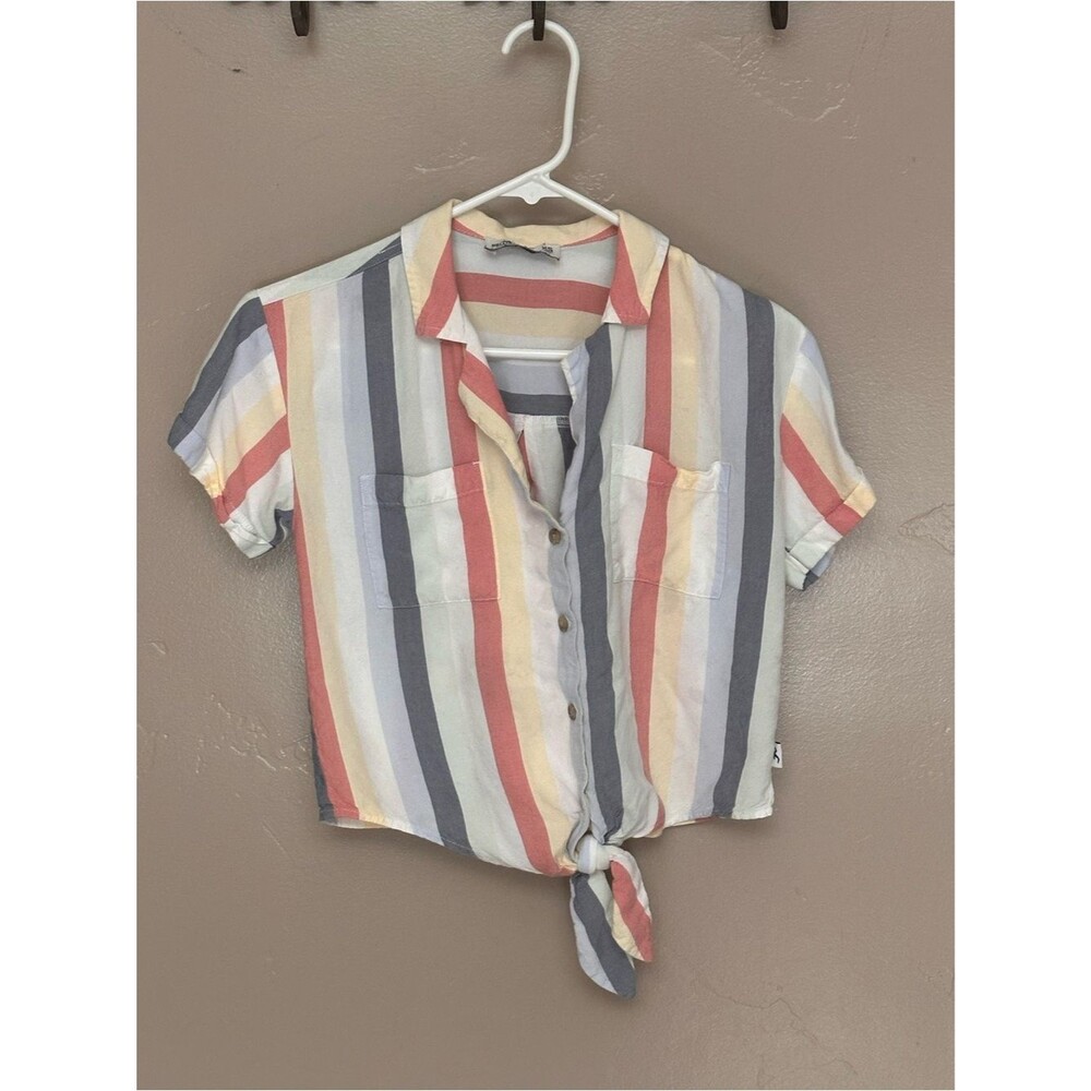 Hollister women's multicolor striped short-sleeve tie-front crop top